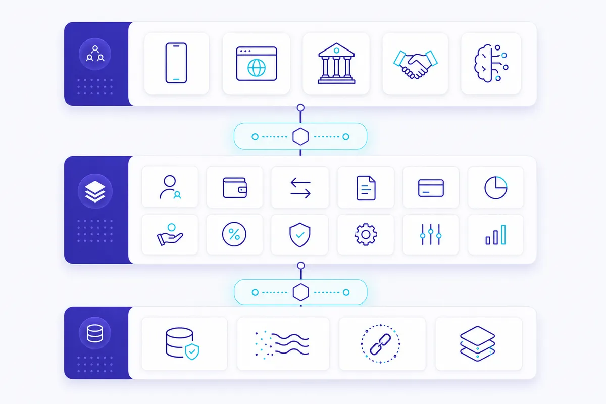 KORE three-tier architecture: channels, platform modules, and the data and event plane