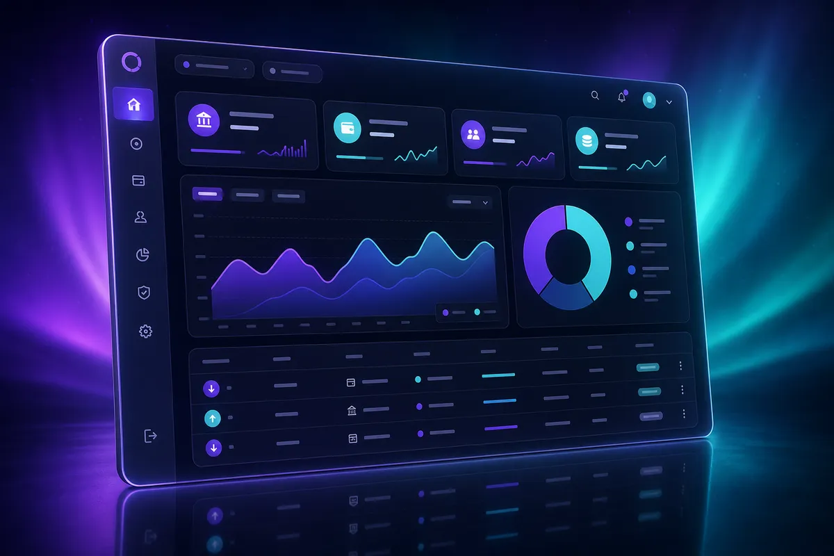 KORE core banking operations dashboard with real-time KPIs, charts and transactions