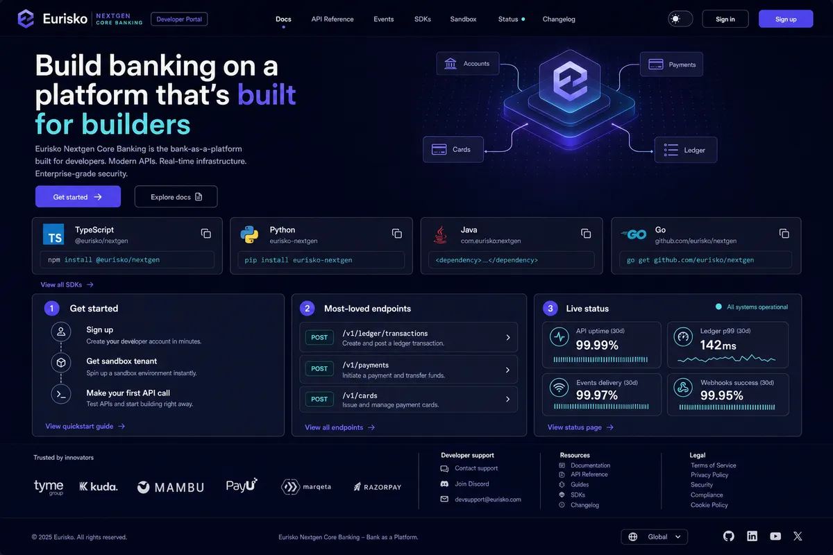 KORE developer portal with API documentation and typed SDK references